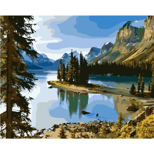 Холст с красками по номерам Хвойный лес, озеро, горы фото 2